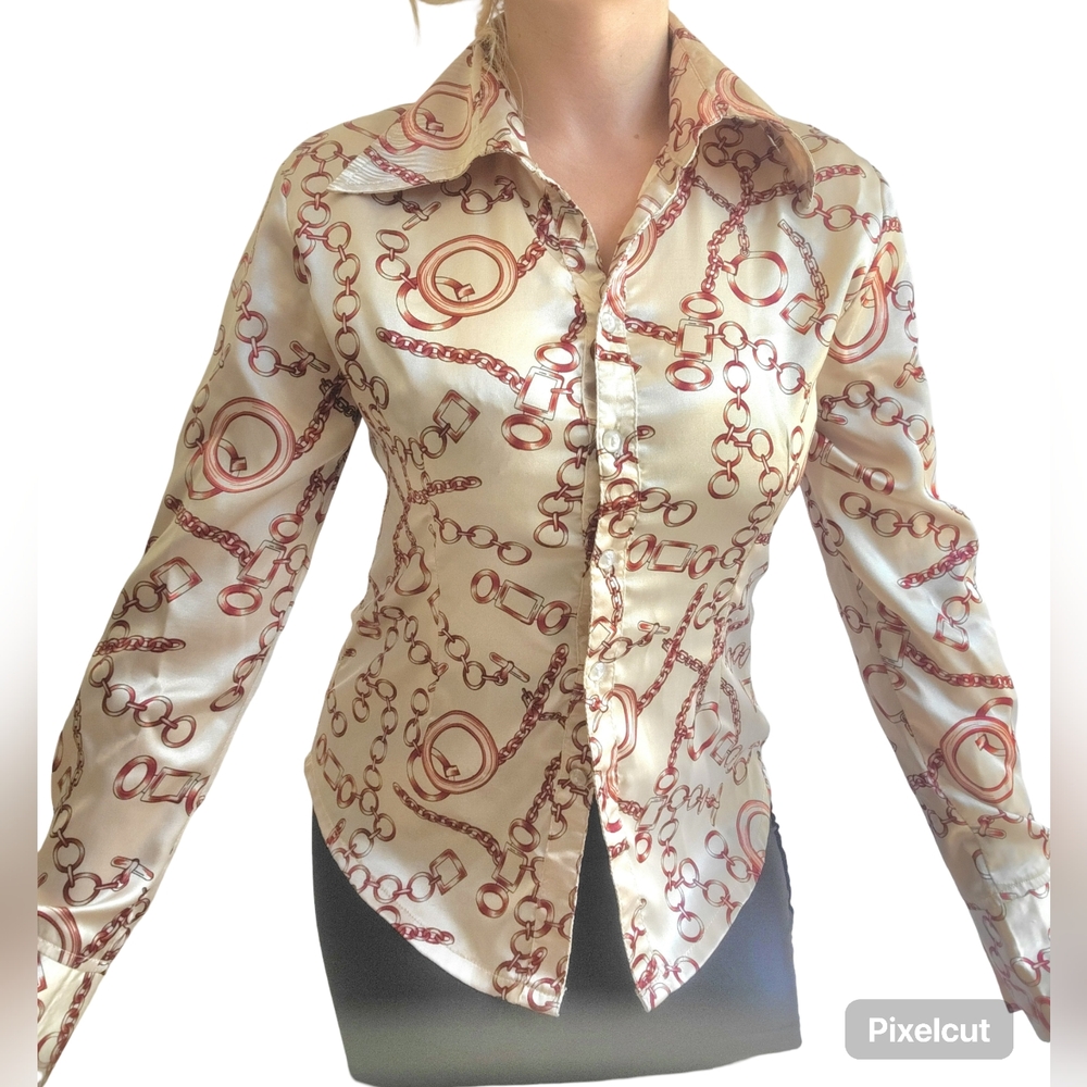 Satin Chain Print Blouse – Beige & Rust, Size M/L, Miss Two -Vintage Vibes